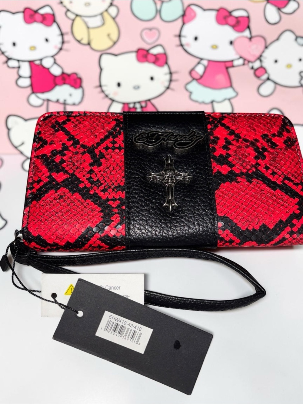Ed Hardy Red Black Snake Print Zip Around Wristlet Wallet Cross Y2K NWT